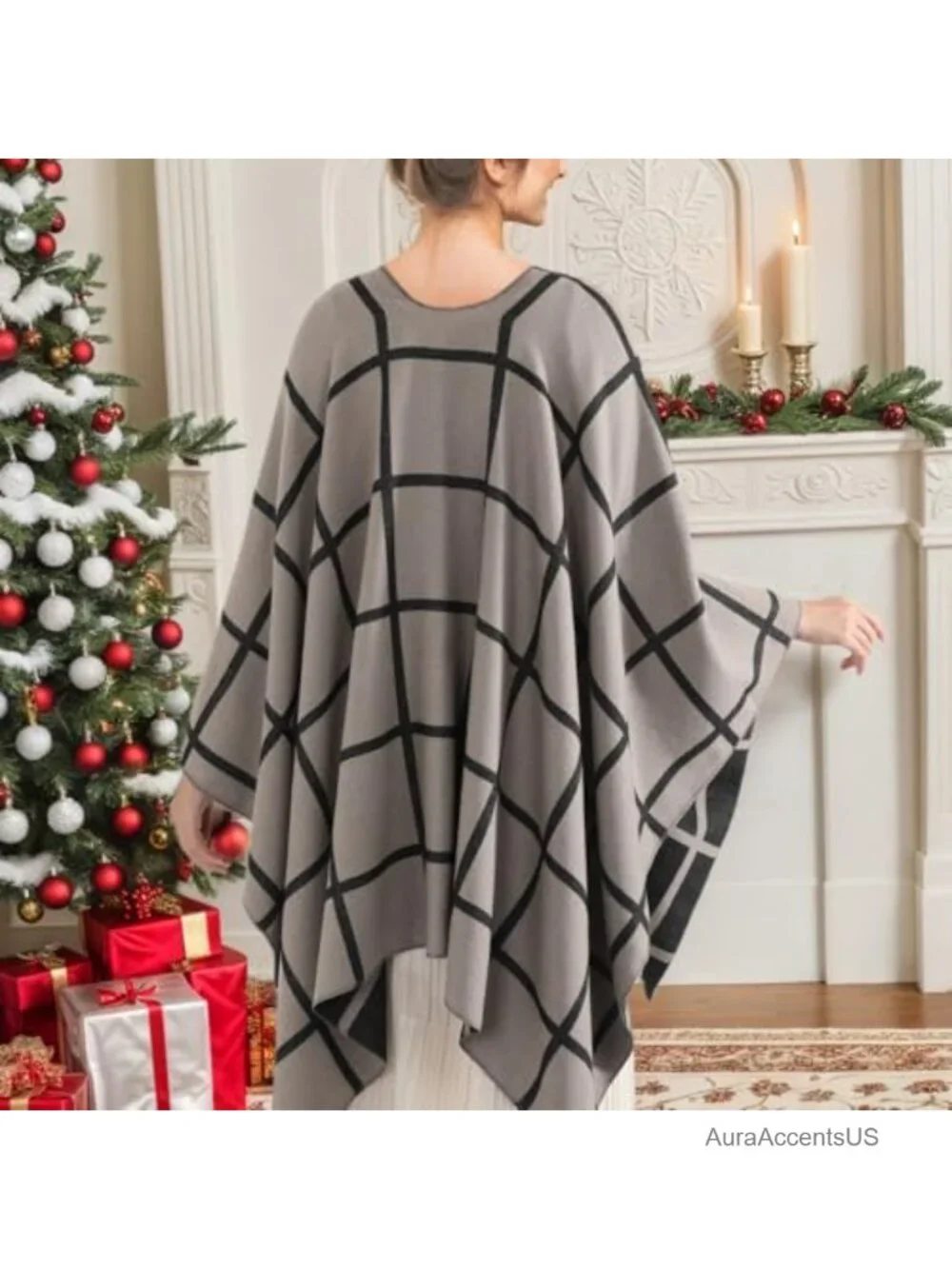 Faux Cashmere Shawl Wrap Open Front Poncho Reversible Check One Size